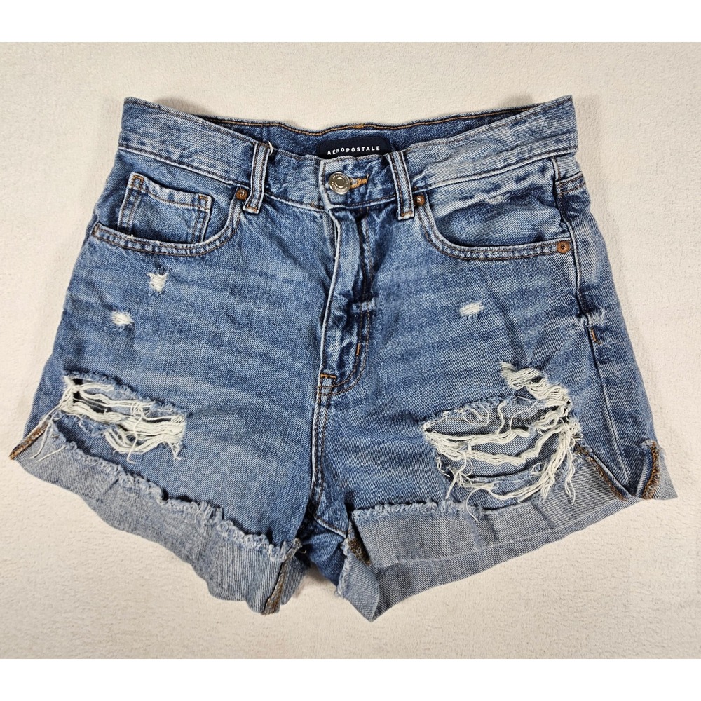 Aeropostale Mom Shorts Size 8 Medium Wash Distressed Denim High Rise 8122 AS22